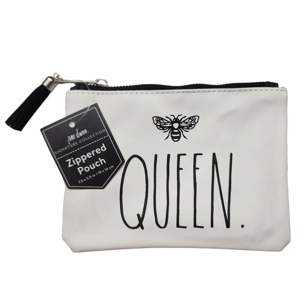 Rae Dunn Queen Bee White Zip Pouch Cosmetic Make-Up Bag